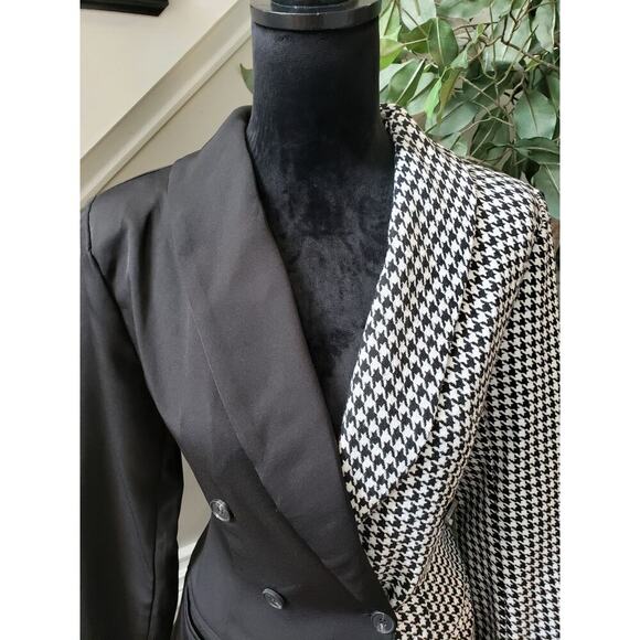SHEIN Blazer Jacket Women Small Black White Houndstooth Double Breasted 4 Button - Picture 12 of 13